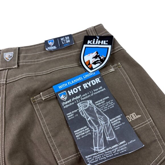 KUHL Flannel Lined HOT RYDR Pants Mens 34 x 30 Vintage Patina Dye Dark Khaki NWT - Picture 7 of 10